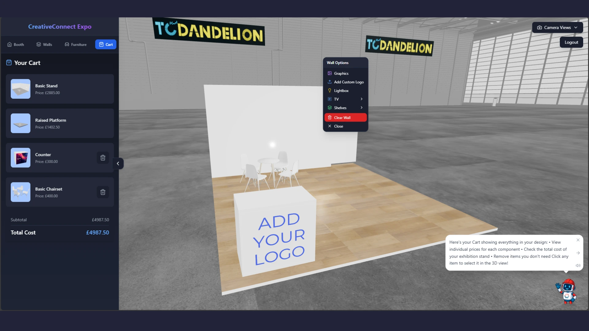 Exhibition Stand Visualizer 3D interface showing interactive booth design
