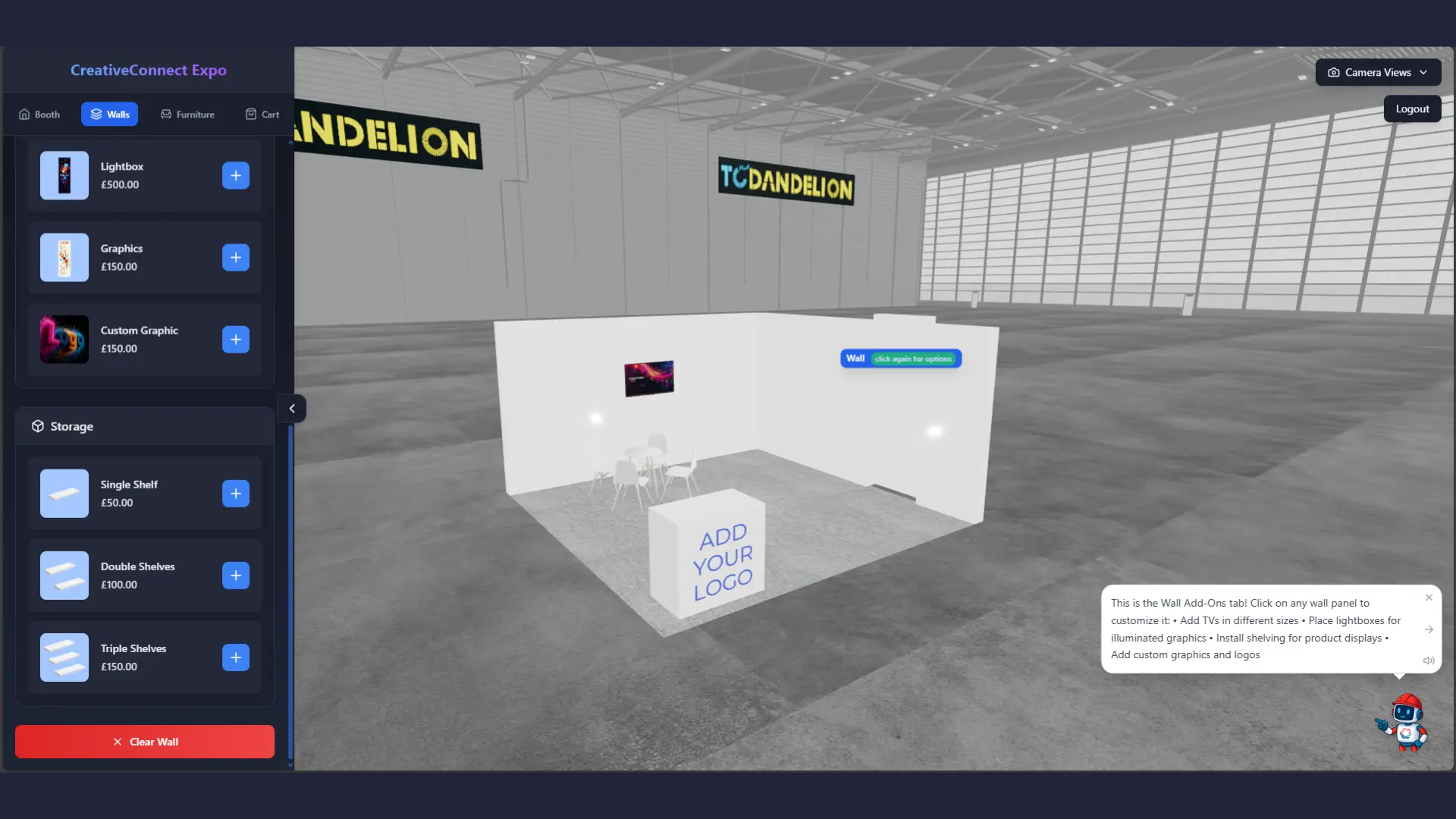 Exhibition Stand Visualizer Interface showing a 3D booth design